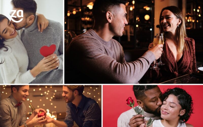 quatro fotos em montagem com casais diferentes comemorando o dia dos namorados em restaurantes.