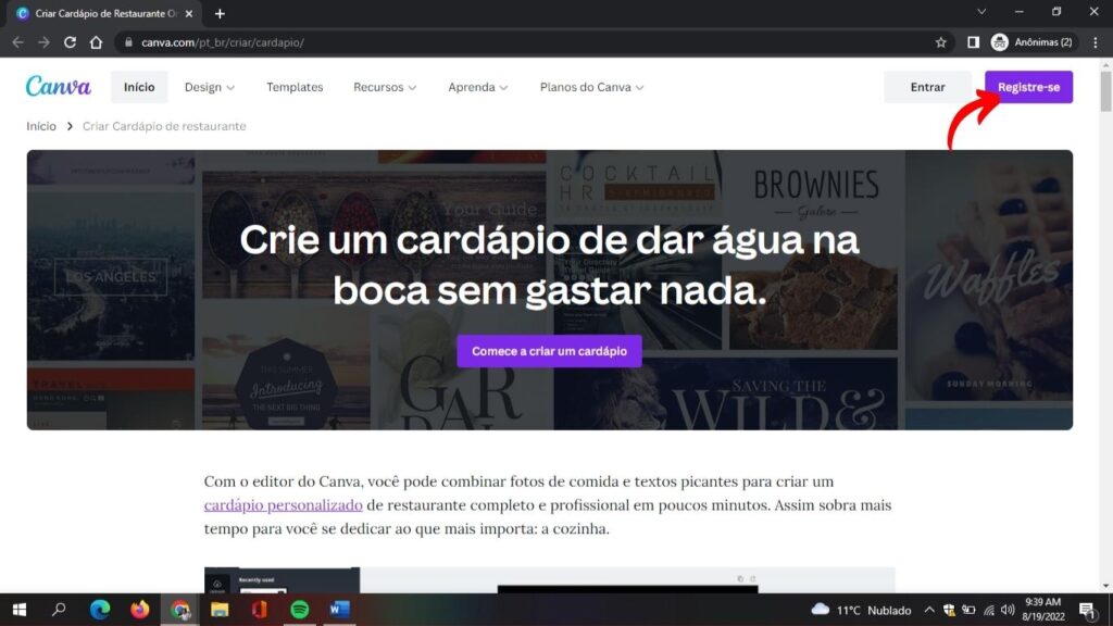 Tela do site Canva para criar um cardápio