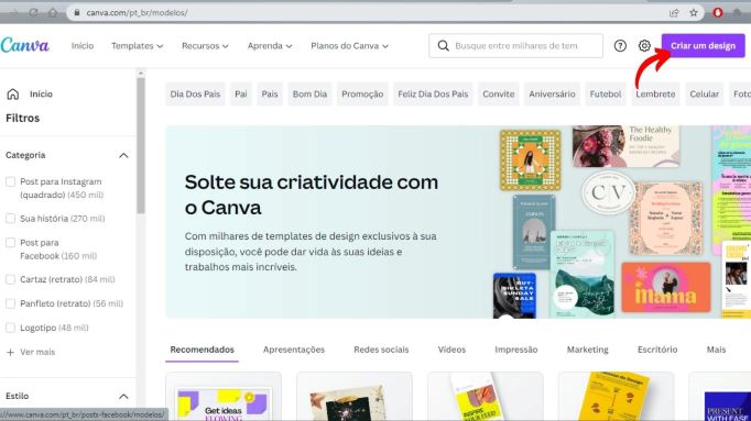 Tela do site Canva para criar um cardápio