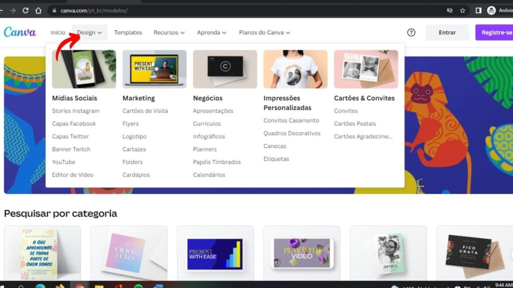 Tela do site Canva para criar um cardápio