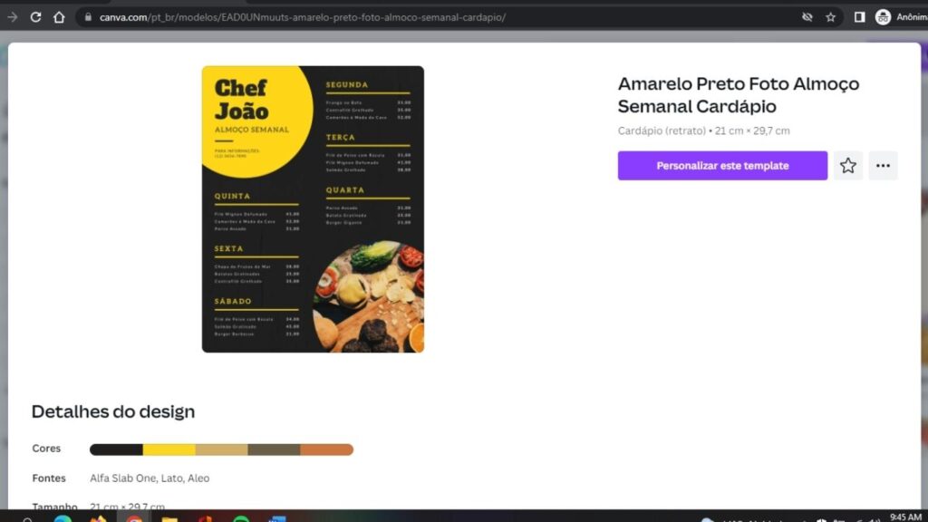 Tela do site Canva para criar um cardápio