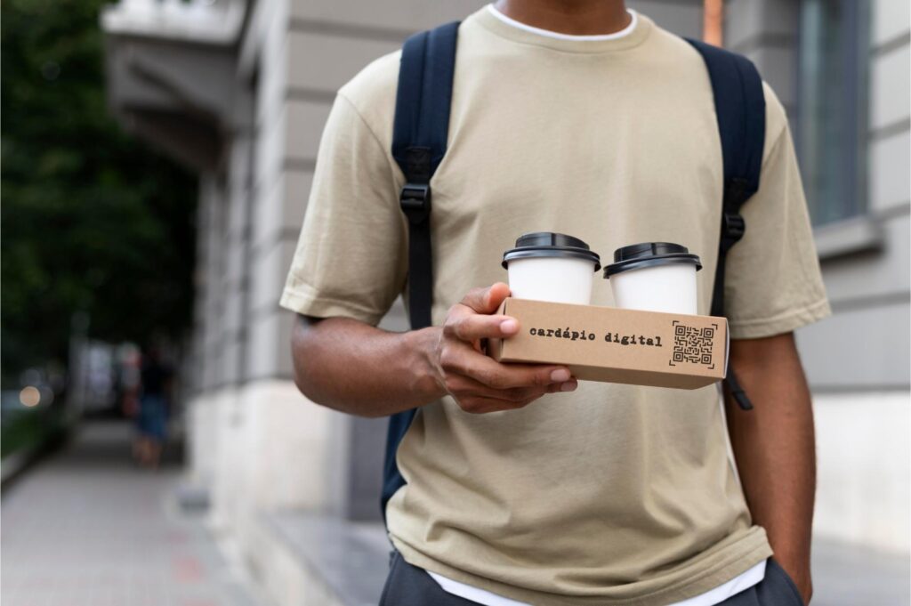 Rapaz carregando embalagem para viagem de café; na embalagem, está estampado um qr code com a escrita "cardápio digital" do lado.