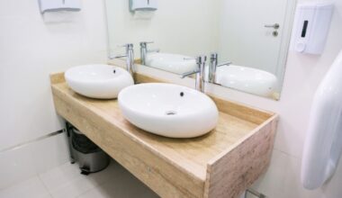 pias de banheiro branca com madeira clara
