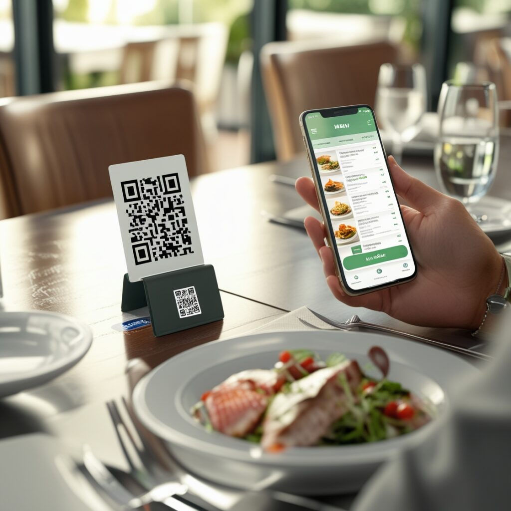 cliente com cardápio digital no celular, qr code na mesa