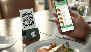 cliente com cardápio digital no celular, qr code na mesa