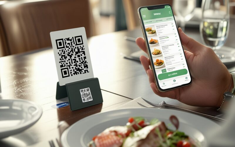 cliente com cardápio digital no celular, qr code na mesa