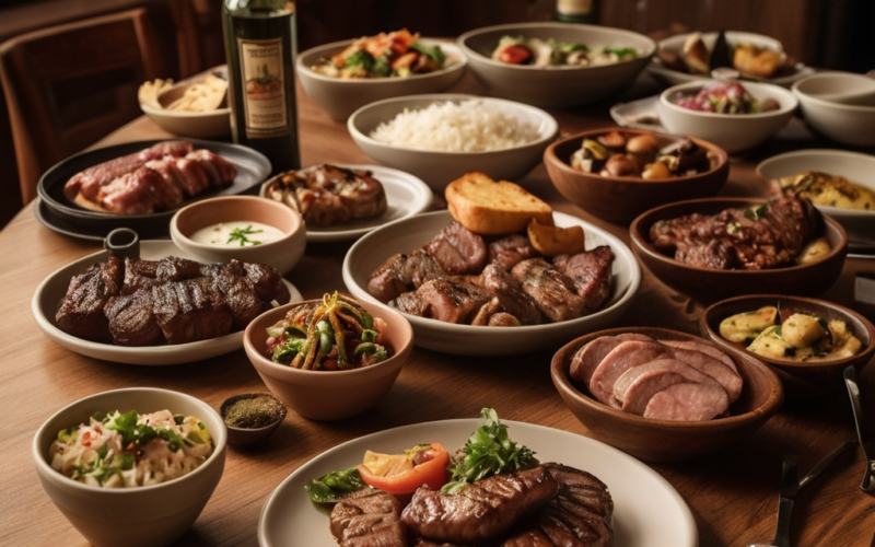 uma mesa com variedades de carnes