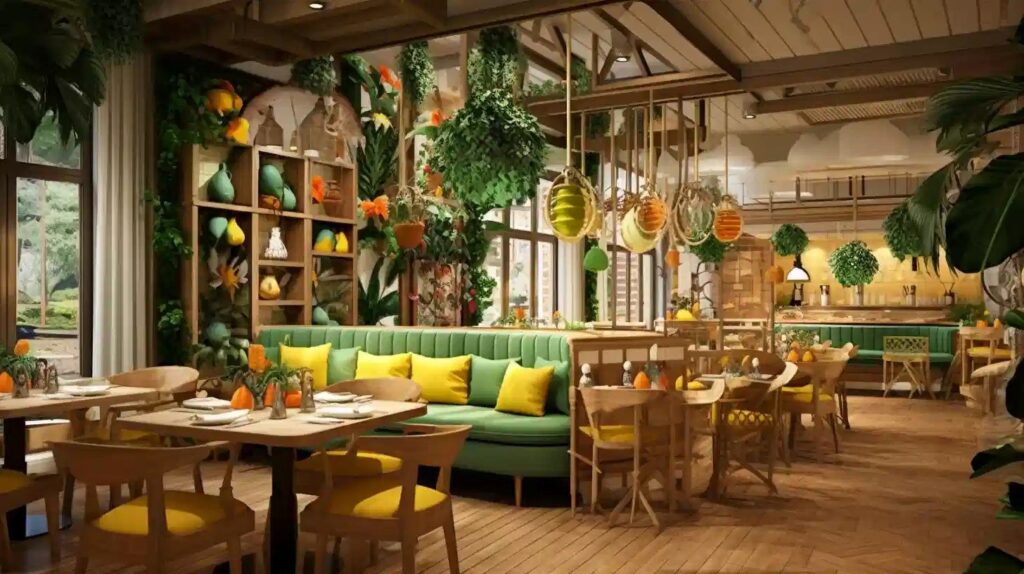 Alt tag: Restaurante alegre, cuja decoração é inspirada nas cores e nos frutos da primavera. Ressaltando aspectos de sazonalidade.