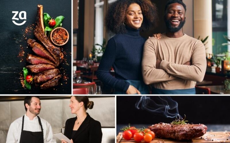 montagem de quatro fotos com carnes de churrascaria, funcionários e chefs.