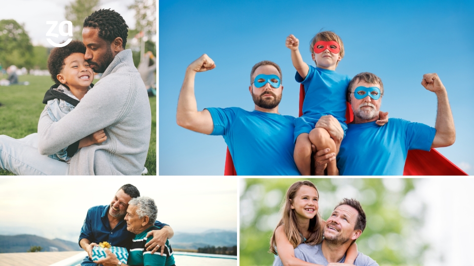 montagem de quatro fotos com pais e fiilhos de diferentes idades e etnias.