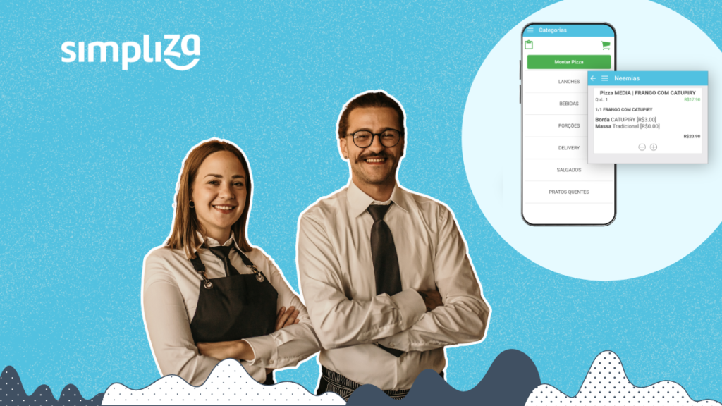 Colagem com garçom e garçonete sorrido