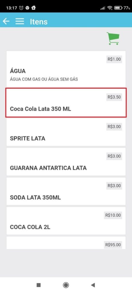 Tela da comanda digital Simpliza (passo a passo: 9. Selecionamos uma bebida, no exemplo a seguir selecionamos a "Coca Cola Lata 350Ml"