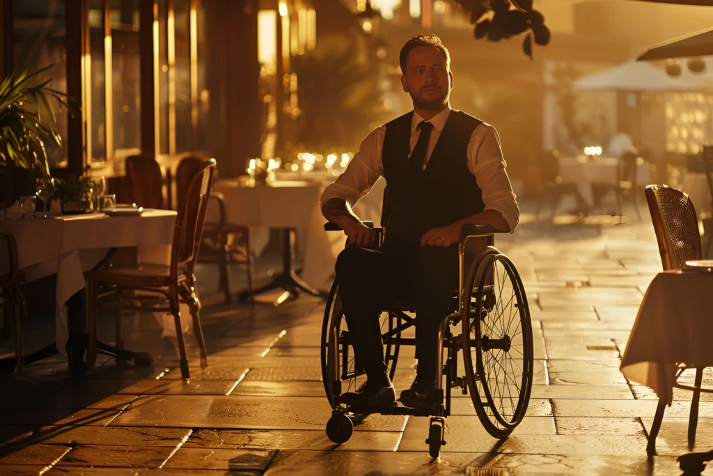 garçom que faz o uso de cadeira de rodas devido a acessibilidade.