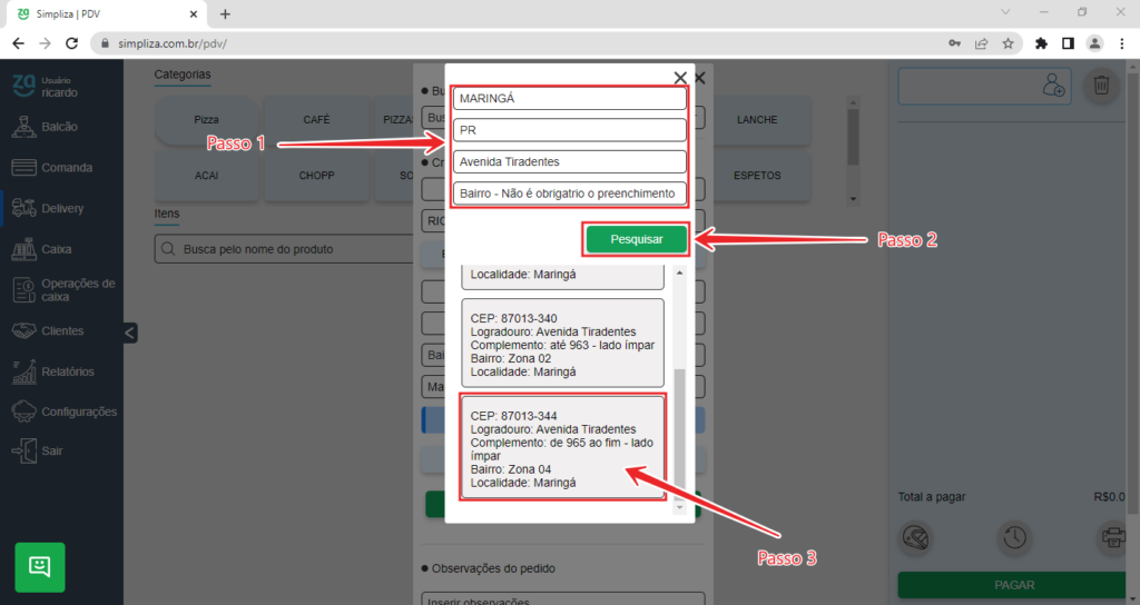 Tela do PDV do sistema para loja de açaí Simpliza em passo a passo para lançar pedido delivery no software