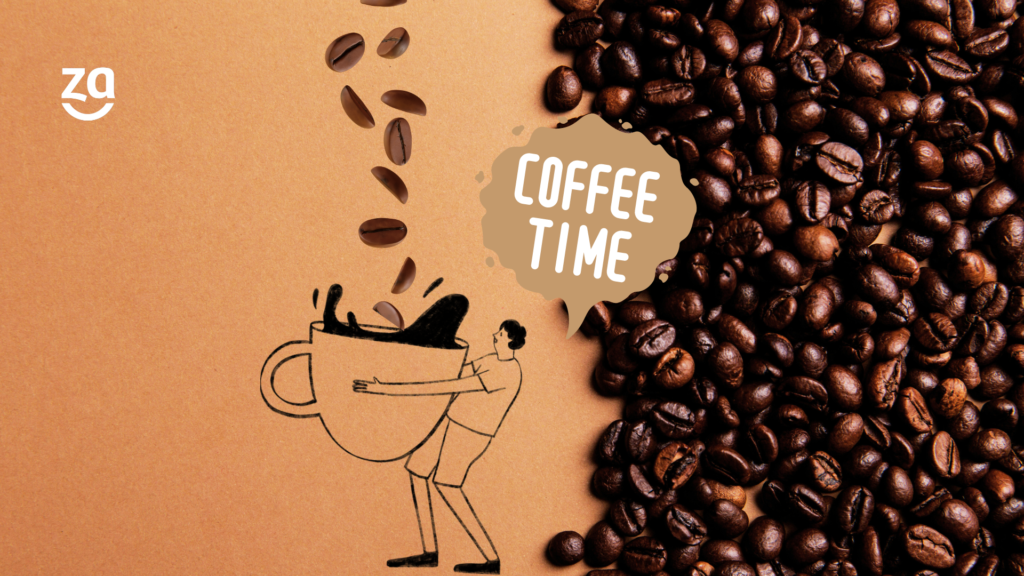 melhores nomes de cafés. Homem segurando uma xícara de café e falando "coffee time"