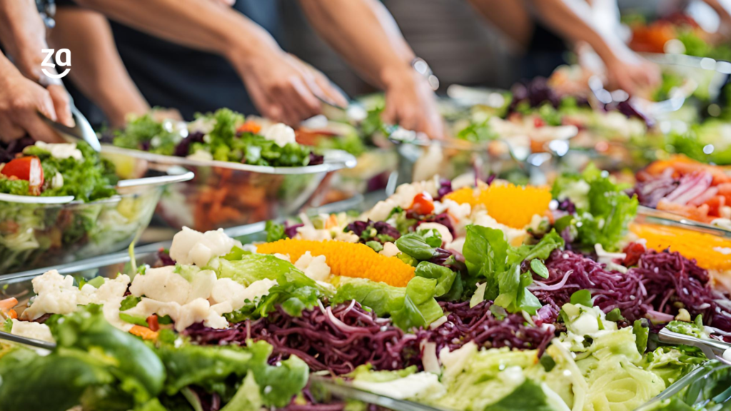 sistema para saladaria pessoas mexendo em salada