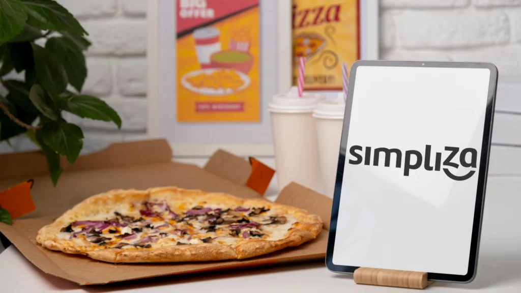 sistema financeiro para pizzaria. Tela de tablet e pizza