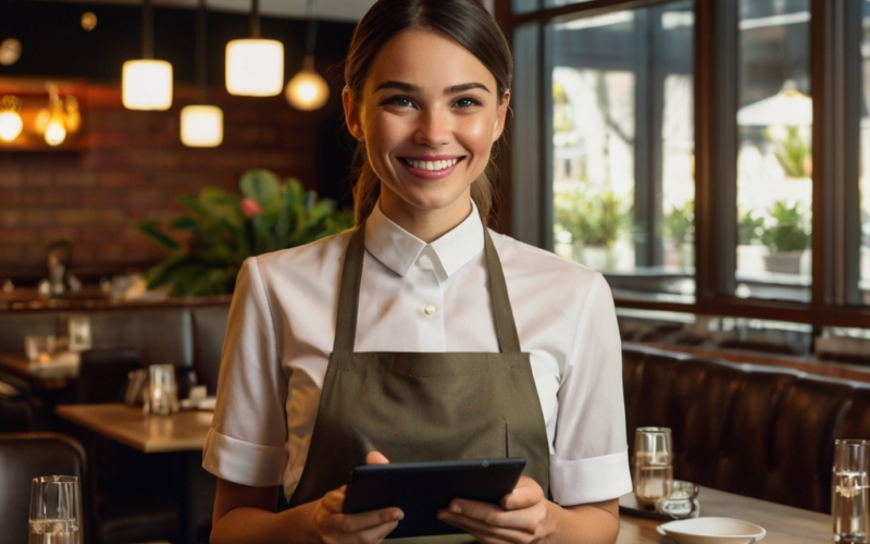 atendente sorrindo com um tablet em mãos