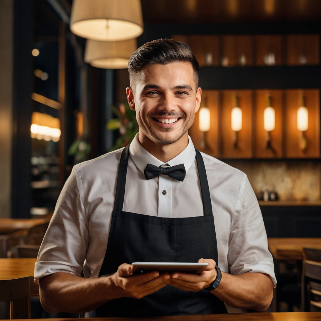 garçom sorrindo com um tablet em mãos