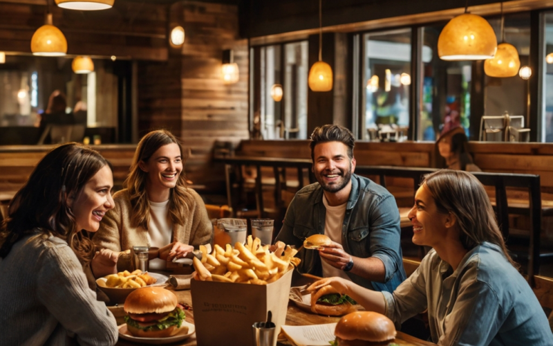 jovens em uma mesa com hamburgues