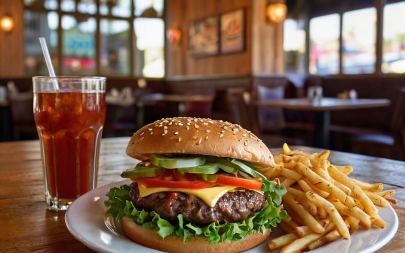 um prato com um hamburguer e batatas fritas