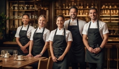 uma equipe de restaurante lado a lado