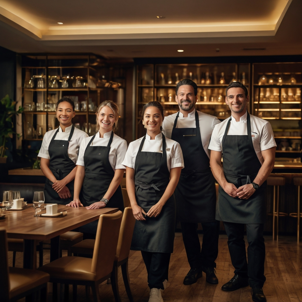 uma equipe de restaurante lado a lado