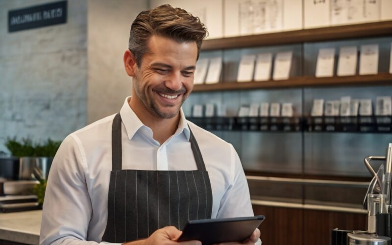 atendente com tablet sorrindo