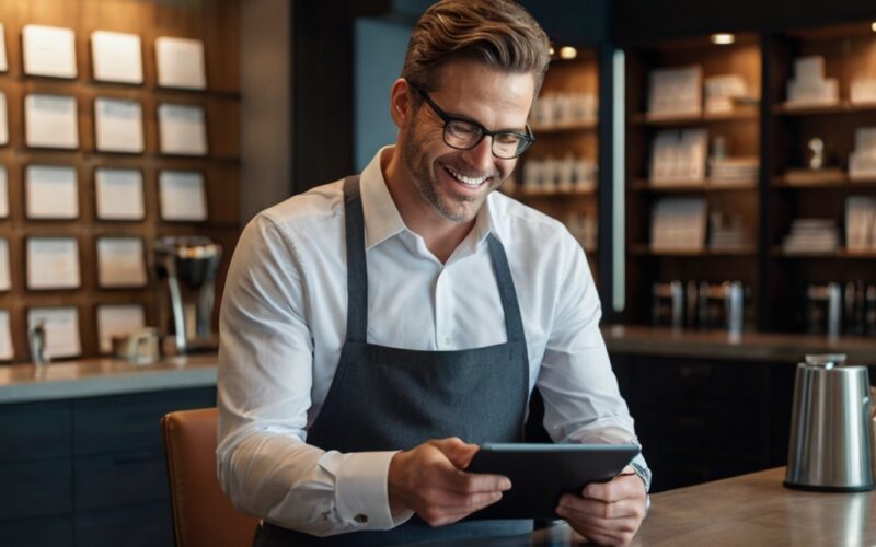 garçom sorrindo com um tablet em mãos