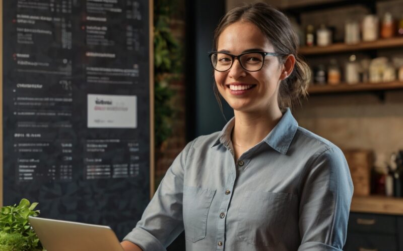 gestora de restaurante com um computador