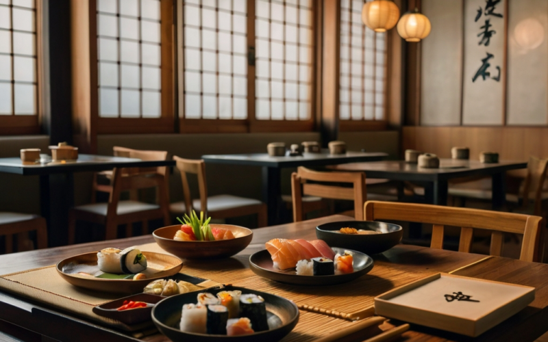 um restaurante japonês com comida japonesa na mesa