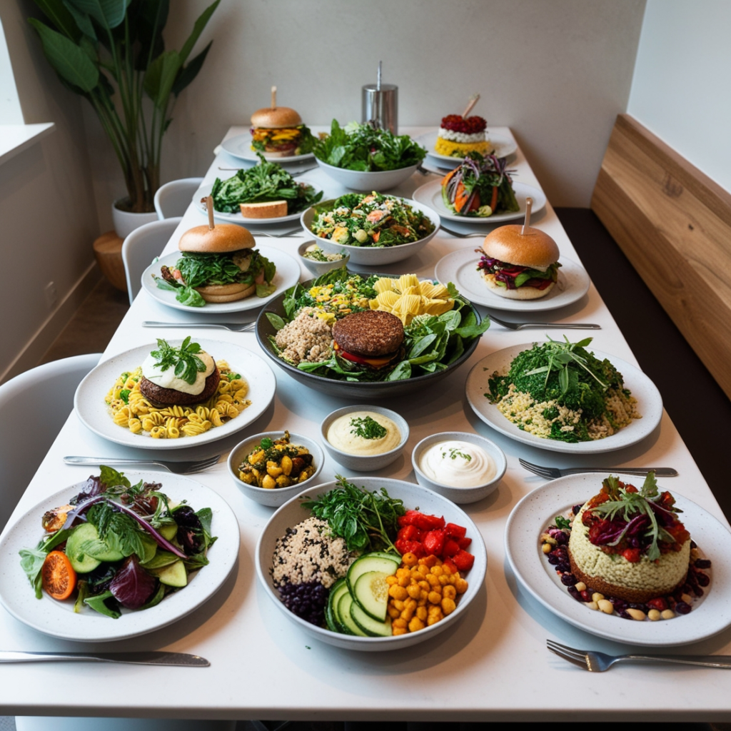 mesa com diversos tipos de comidas veganas