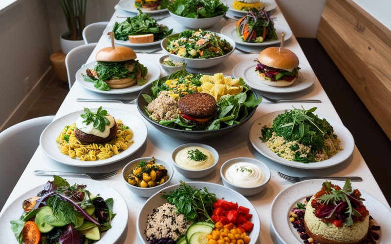 mesa com diversos tipos de comidas veganas