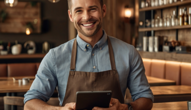 garçom em um food service com um tablet em mãos e sorrindo