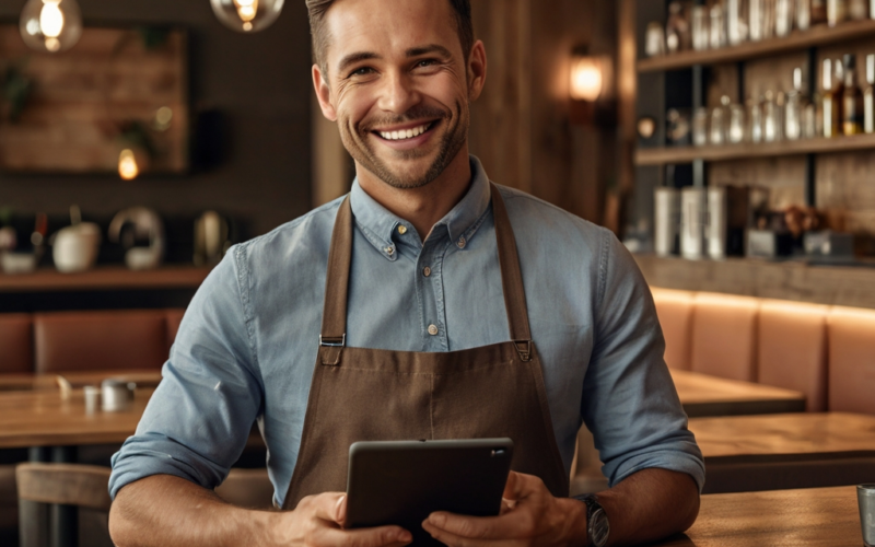 garçom em um food service com um tablet em mãos e sorrindo