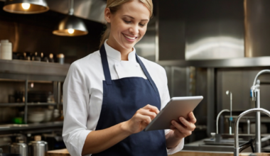 cozinheira de dark kitchen sorrindo para um tablet