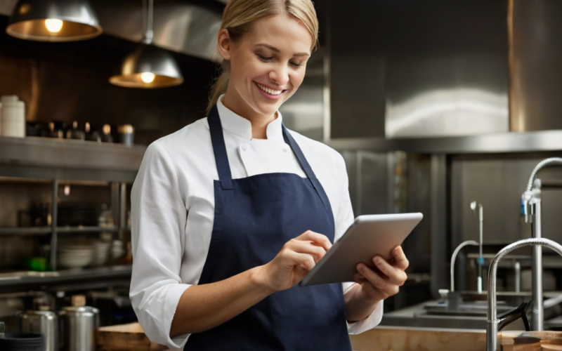 cozinheira de dark kitchen sorrindo para um tablet