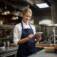 cozinheira de dark kitchen sorrindo para um tablet