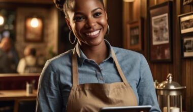gestora de restaurante sorrindo com um tablet em mãos