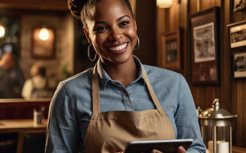 gestora de restaurante sorrindo com um tablet em mãos