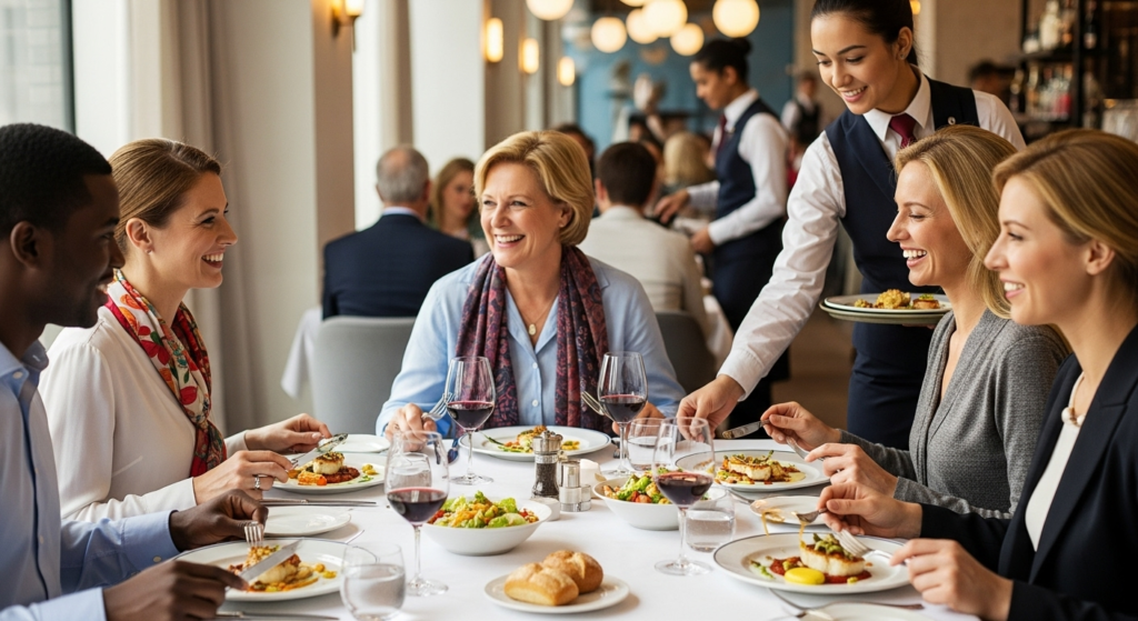 clientes em restaurantes sendo servidos em um menu degustação