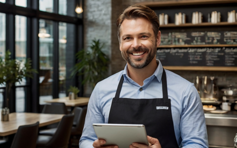 gestor de restaurante sorrindo com tablet em mãos