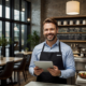 gestor de restaurante sorrindo com tablet em mãos