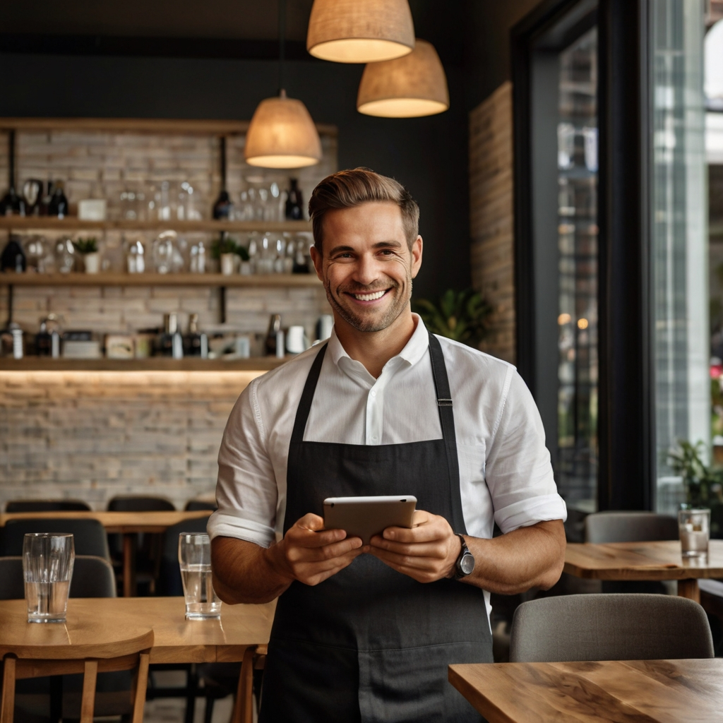 garçom com um tablet em mãos sorrindo