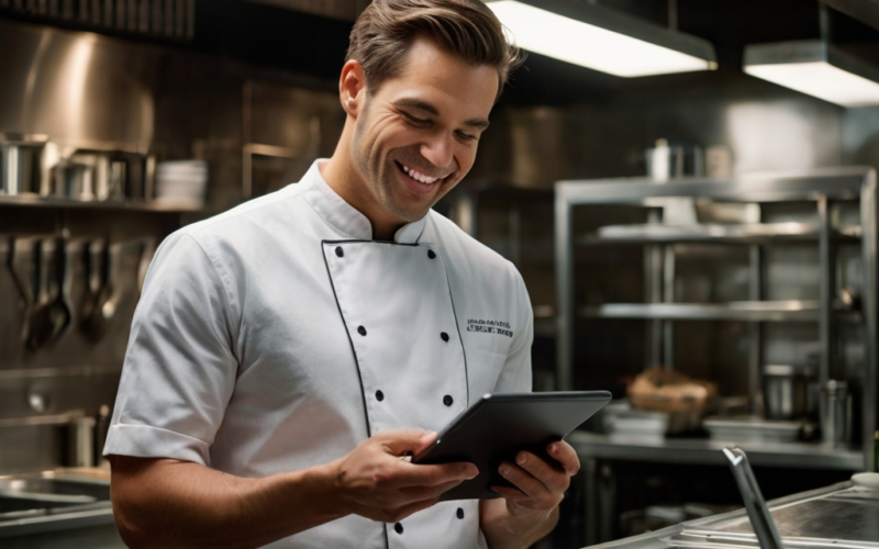 chef de cozinha recebendo pedido por tablet