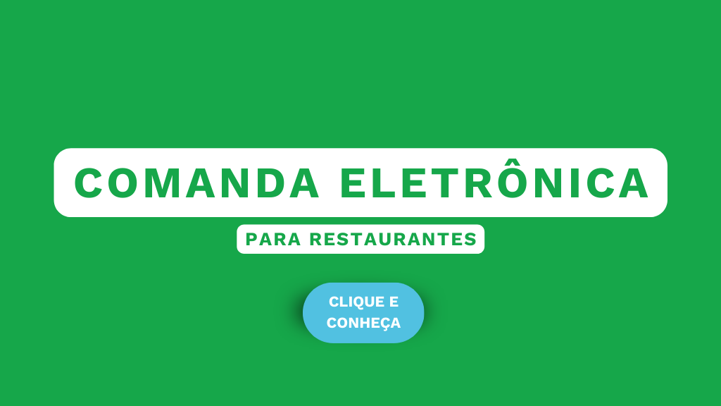 Frase comanda eletrônica para restaurantes sob um fundo verde com botão de conheça mais.