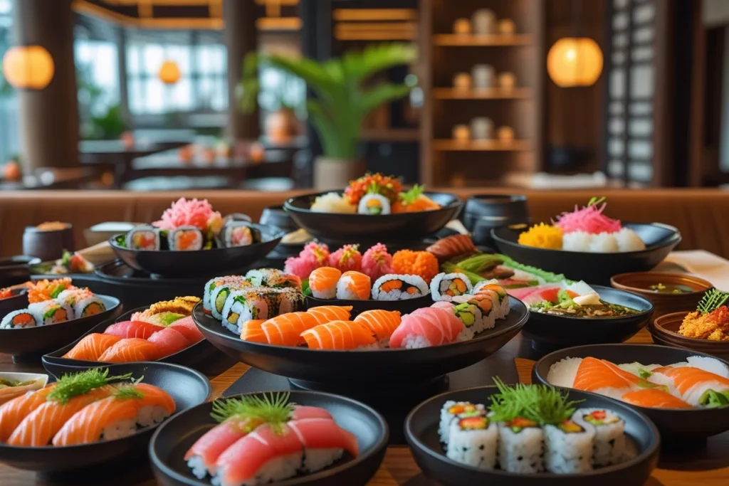 mesa com comida japonesa