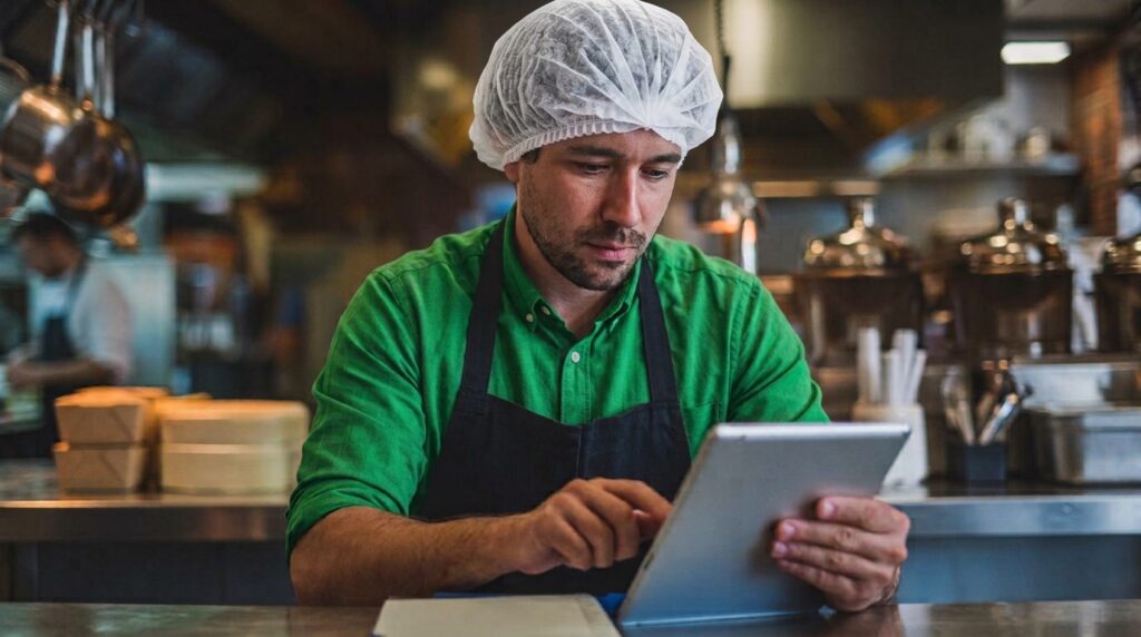 Dono de um restaurante sentado na cozinha do estabelecimento segurando um tabelete onde analisa as informações do DRE
