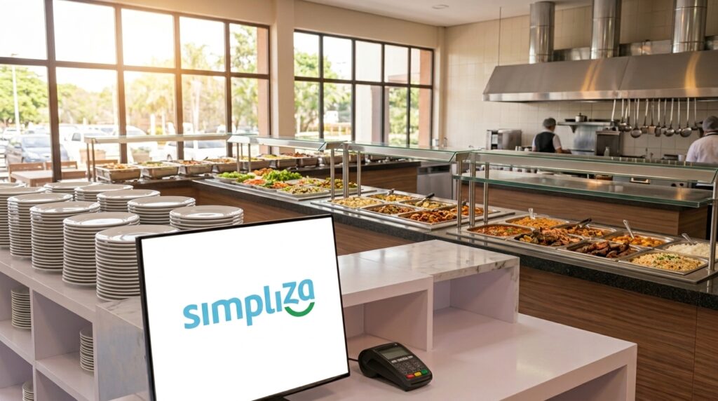 imagem do salão de uma restaurante que serve buffet de almoço
