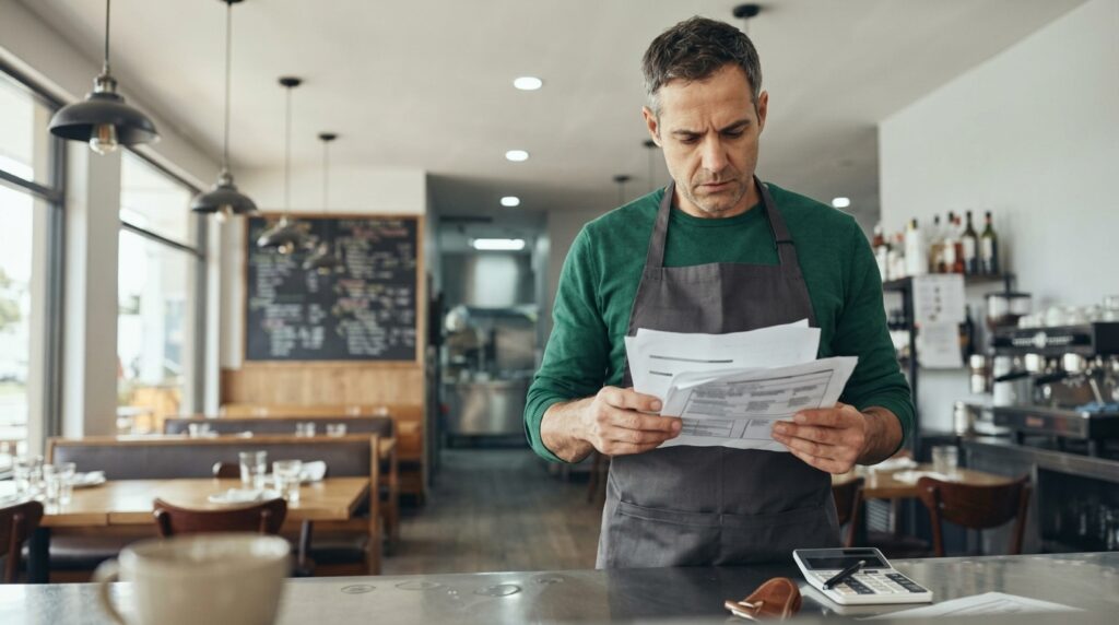dono de restaurante vendo contas de faturamento do mês